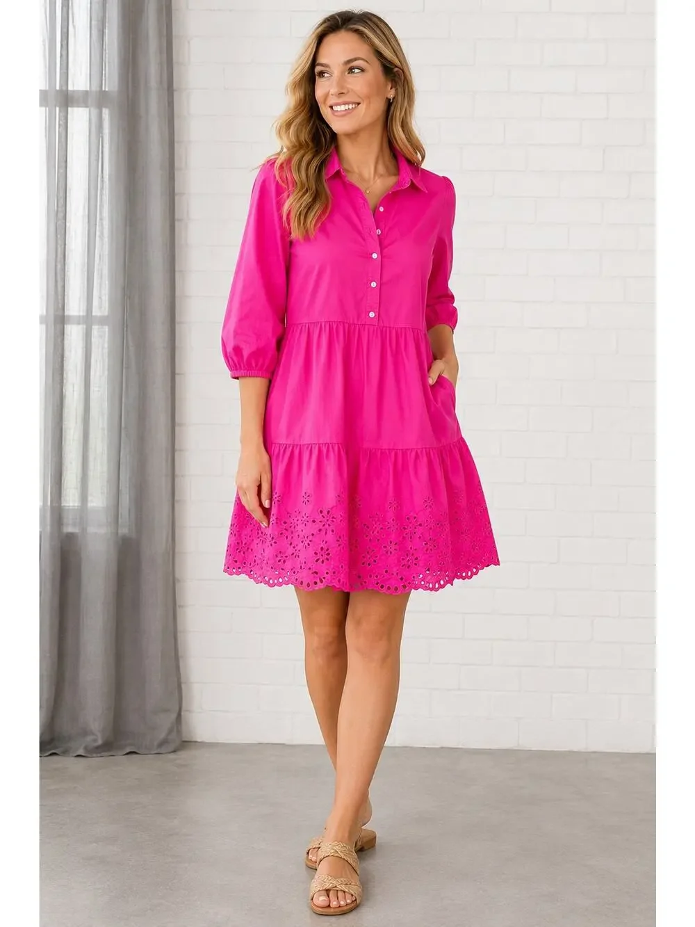 GAP Women’s M Hot Pink Eyelet Hem Tunic Dress 3/4 Sleeve Button Front Cotton - Picture 1 of 7
